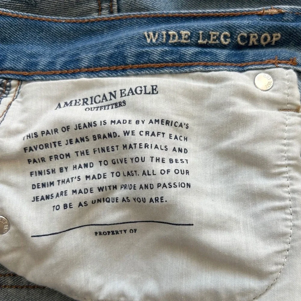 American Eagle Wide Leg Crop Jeans 16 Long Blue Button Fly Raw Hem Boho Retro - Picture 4 of 11